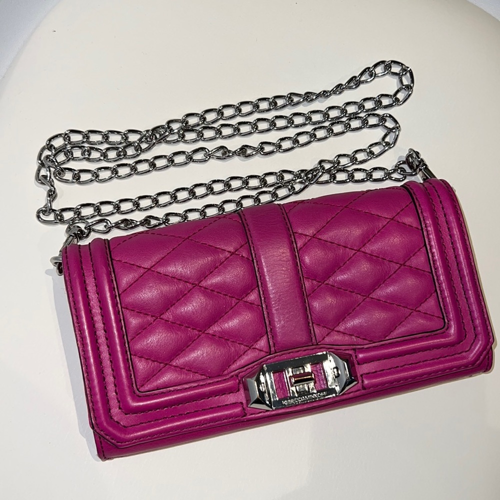 Rebecca Minkoff fuchsia pink leather clutch shoulder bag removable chain straps
